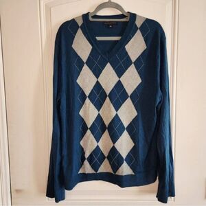 Banana Republic Lightweight Silk Blend Argyle Sweater XL Teal Gray Preppy